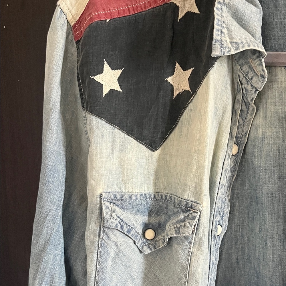Americana Chambray Denim & Supply Blue Jean Jacket Western Shirt American Flag - Picture 7 of 8